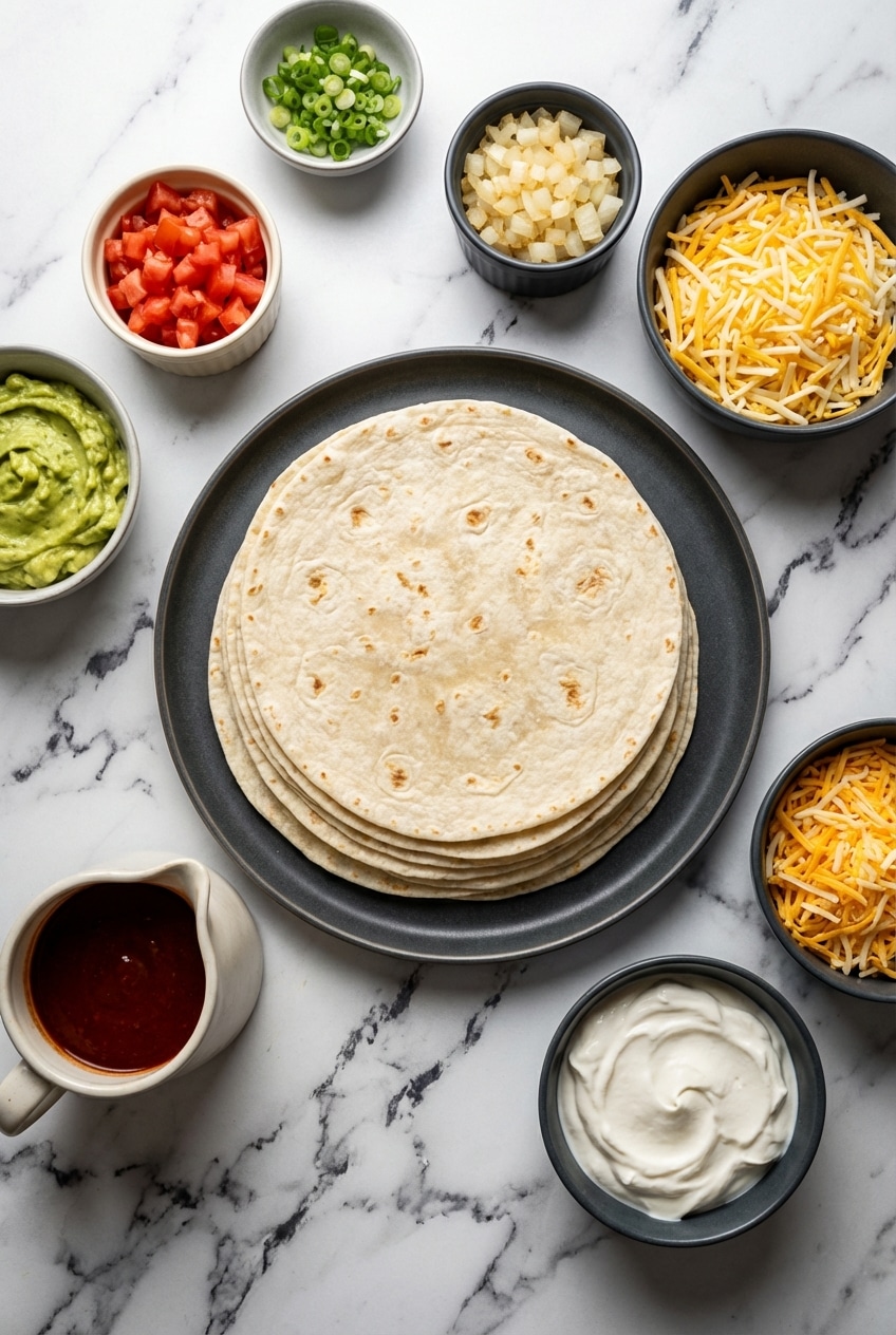 Flat lay of ingredients for Cheese Enchiladas including corn tortillas, Cheddar cheese, and red enchilada sauce.