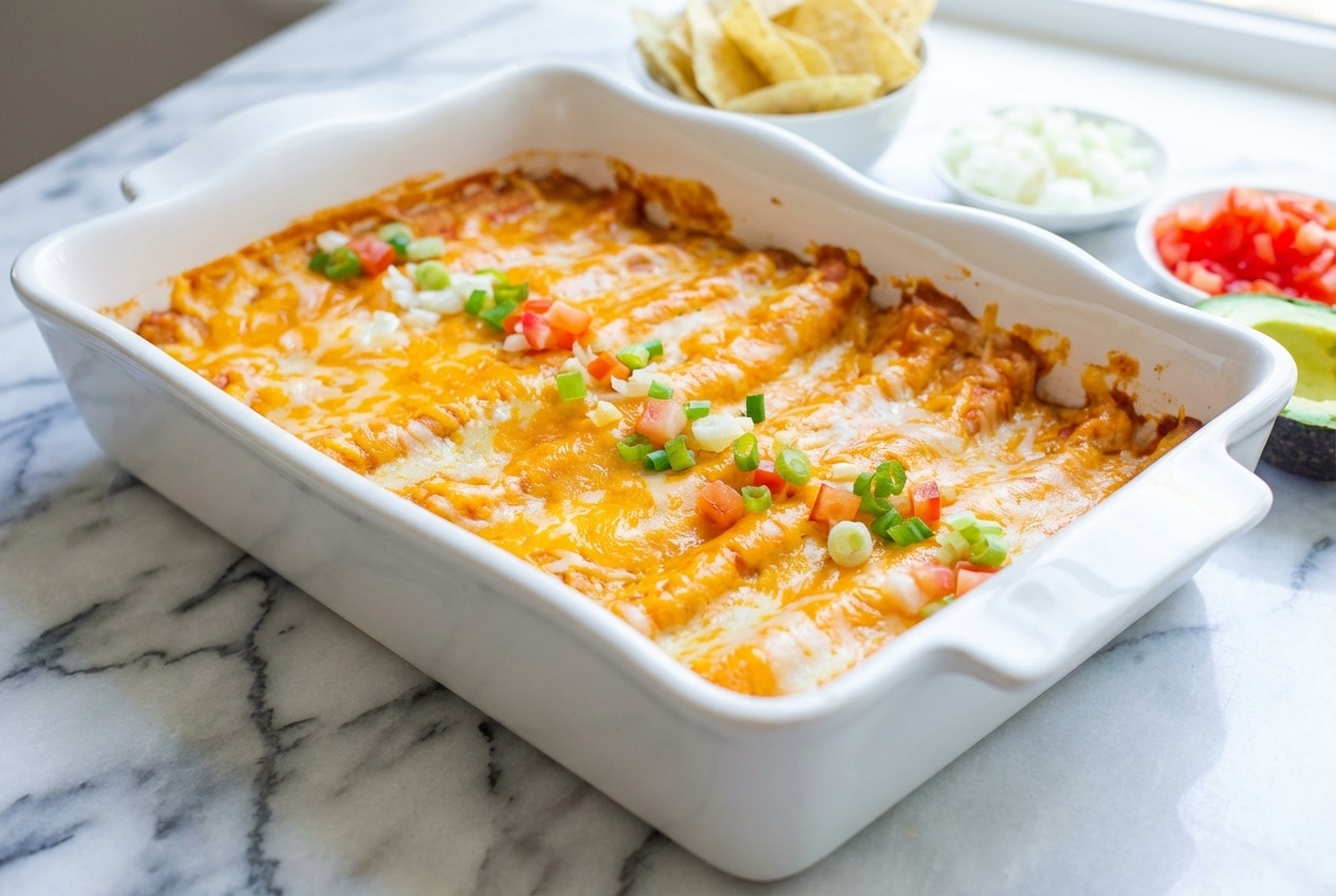 Bubbly Cheese Enchiladas in red sauce featuring a zesty pickled jalapeño and brine-infused cheese filling.