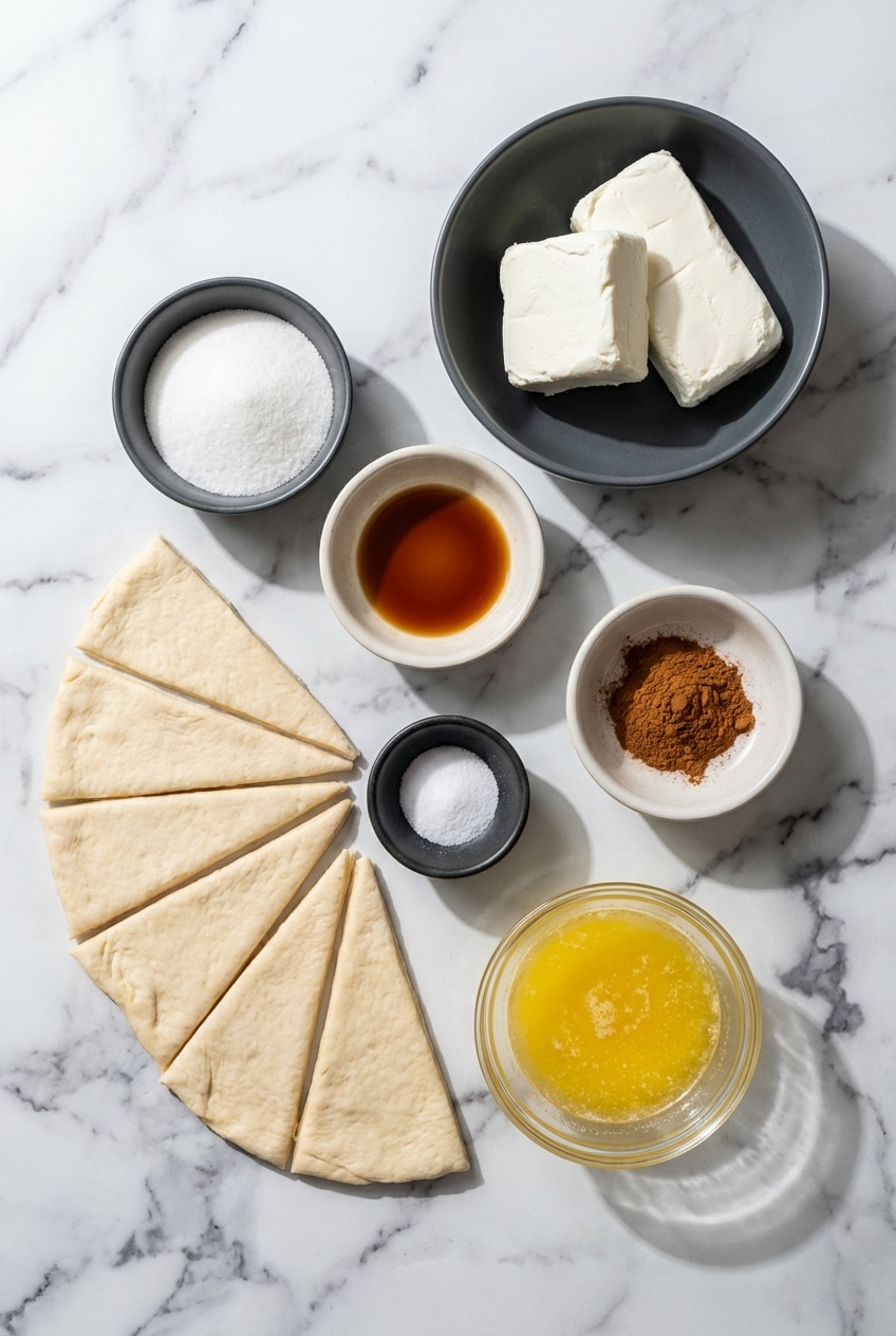 Ingredients for cheesecake crescent rolls including Pillsbury Crescent Rolls, cream cheese, and vanilla extract.