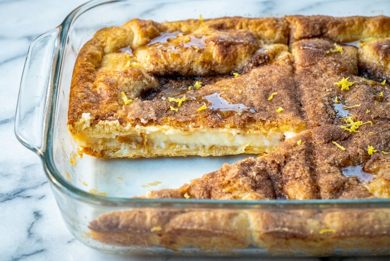 Golden cheesecake crescent rolls topped with nutty browned butter and fresh lemon zest.