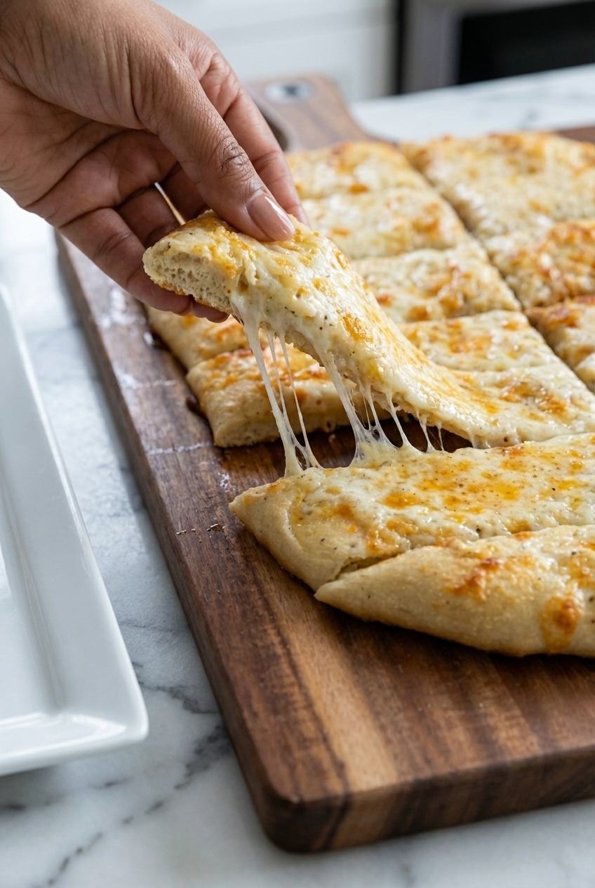 Warm cheesy garlic breadsticks served in a basket, highlighting the golden Maillard reaction on the crust.