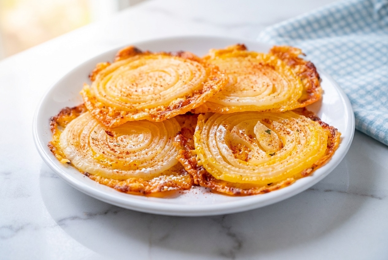 A sheet of parchment paper covered with golden-brown Cheesy Onion Crisps, showcasing the extra crispy texture from the double-crunch dusting.