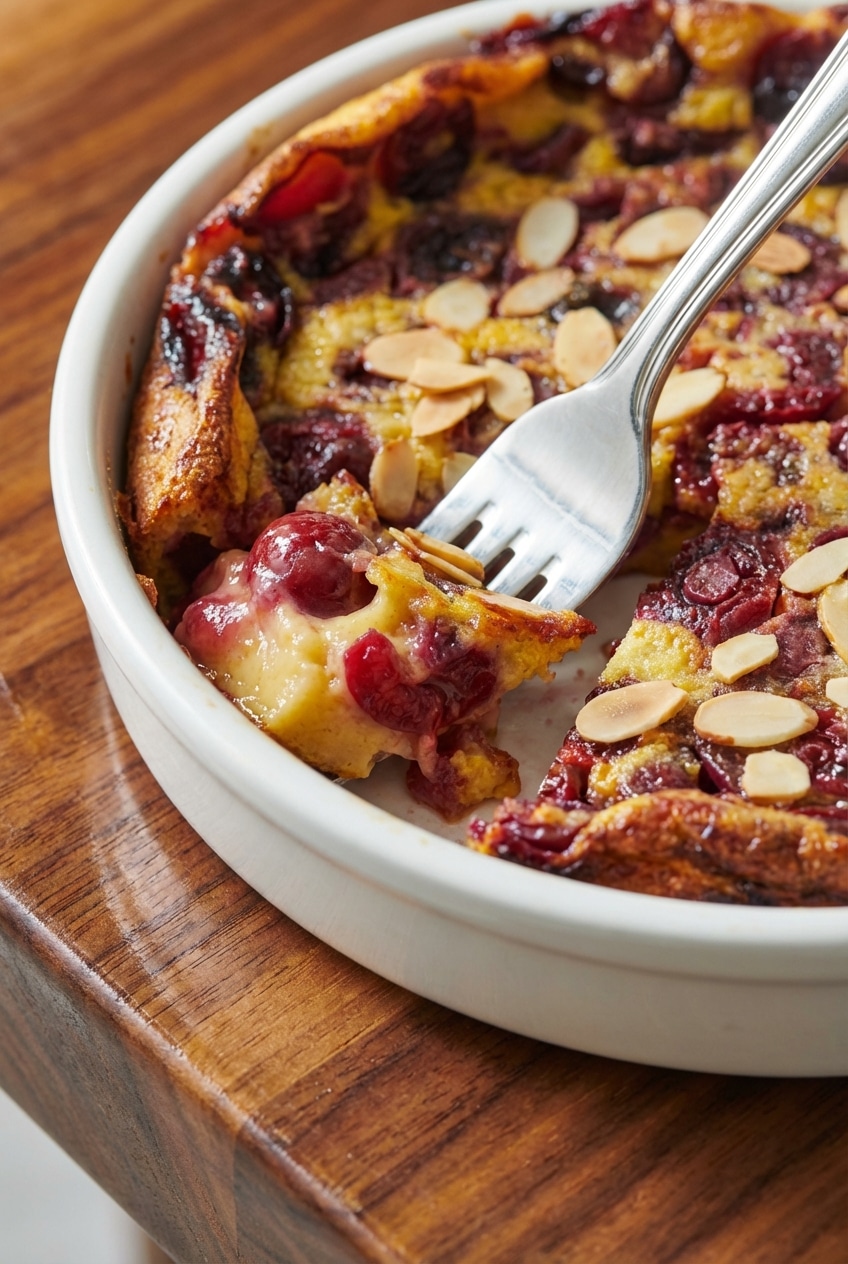 Close up view of the silky custard batter and tender fruit inside a baked cherry clafoutis.