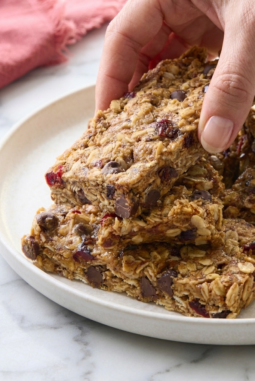 Close-up of the chewy texture of no bake granola bars featuring gluten-free oats and melting mini chocolate chips.