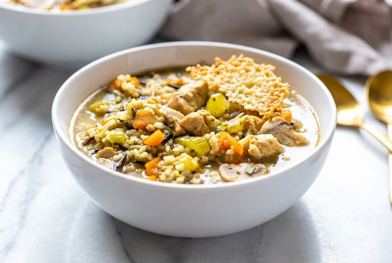 Creamy chicken and wild rice soup topped with a savory Parmesan crust umami bomb in a white ceramic bowl.