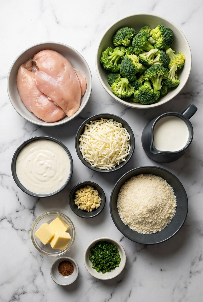 Raw chicken breast, broccoli florets, heavy cream, and parmesan for Chicken and Broccoli Alfredo Bake.