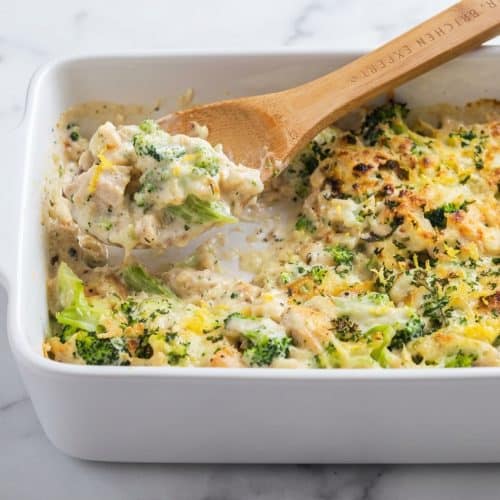 Creamy Chicken and Broccoli Alfredo Bake with golden mozzarella and a bright lemon white wine infused sauce.