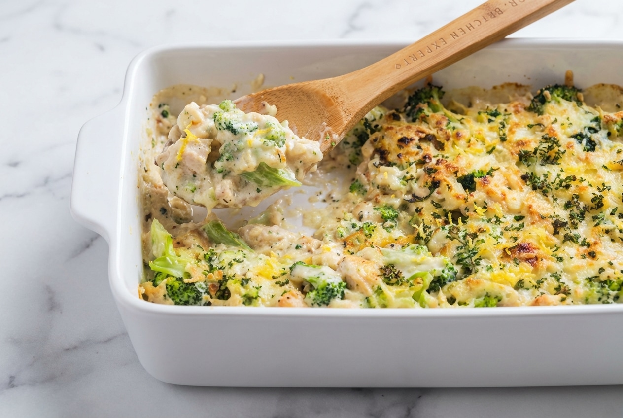 Creamy Chicken and Broccoli Alfredo Bake with golden mozzarella and a bright lemon white wine infused sauce.