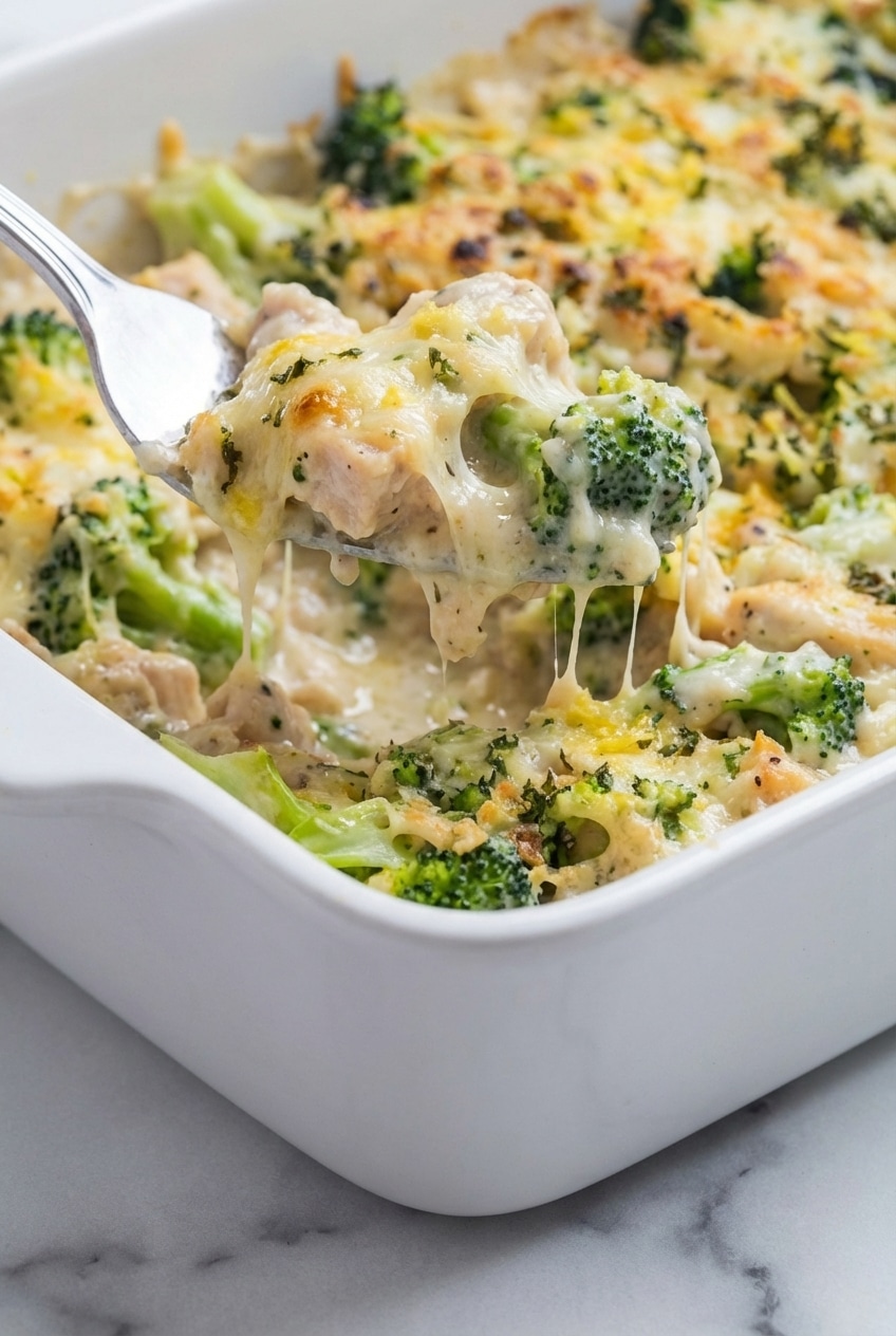 Close-up of the smooth Alfredo sauce for Chicken and Broccoli Alfredo Bake showing perfect emulsification.
