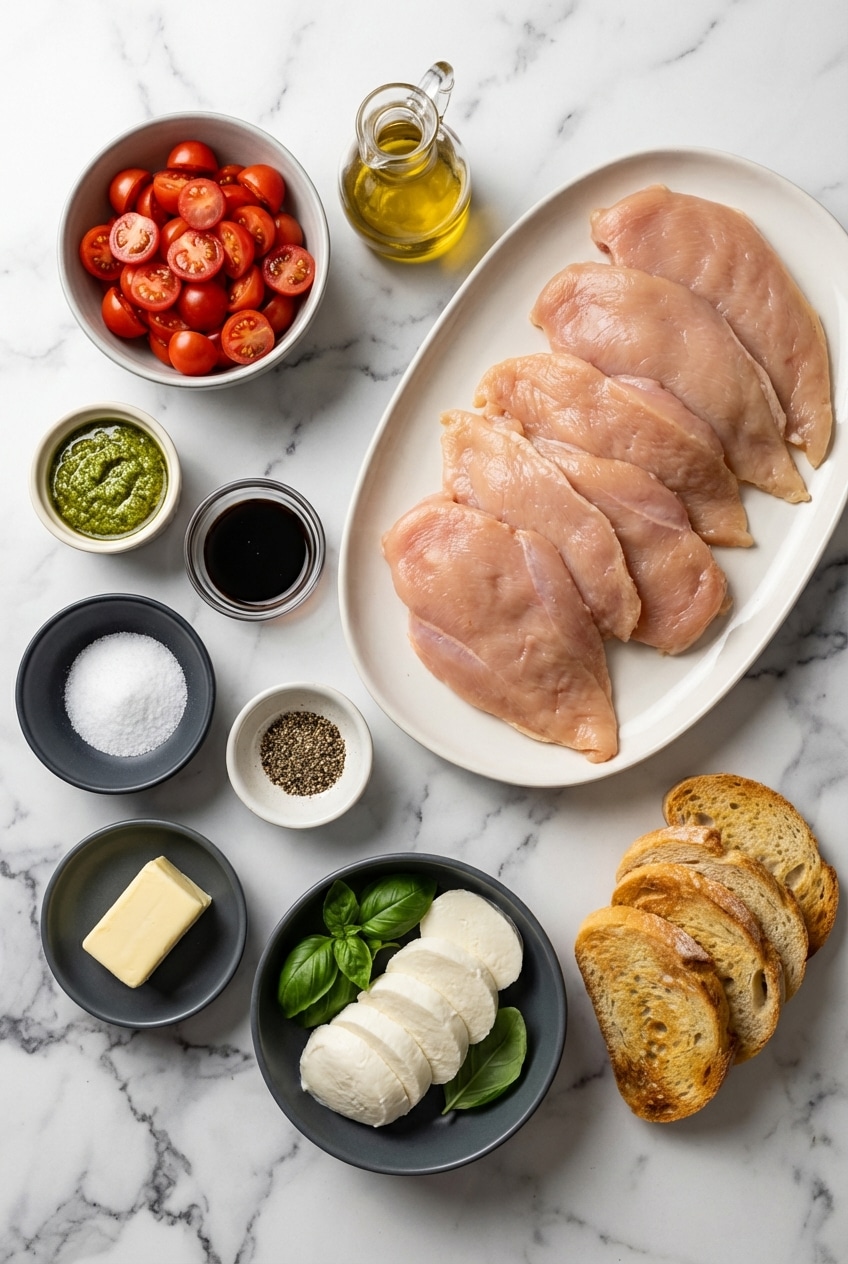 Fresh chicken cutlets, mozzarella di bufala, sweet basil, and balsamic reduction for chicken caprese.
