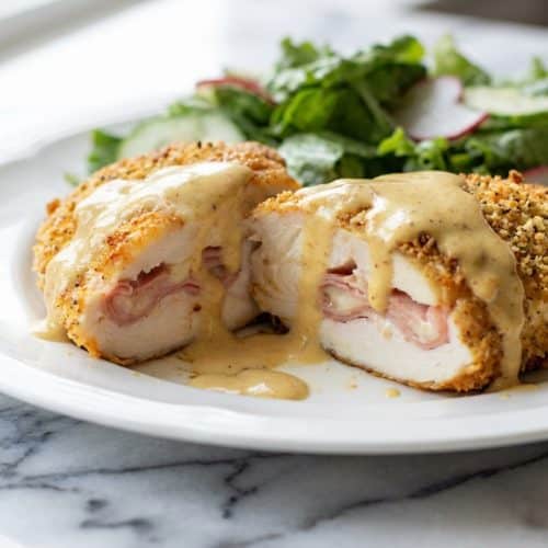 Golden fried Chicken Cordon Bleu sliced open to reveal layers of melted Swiss cheese and savory ham inside a crispy Dijon-panko crust.