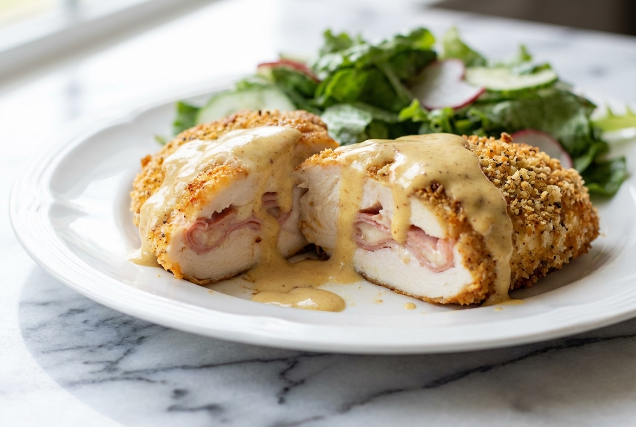 Golden fried Chicken Cordon Bleu sliced open to reveal layers of melted Swiss cheese and savory ham inside a crispy Dijon-panko crust.