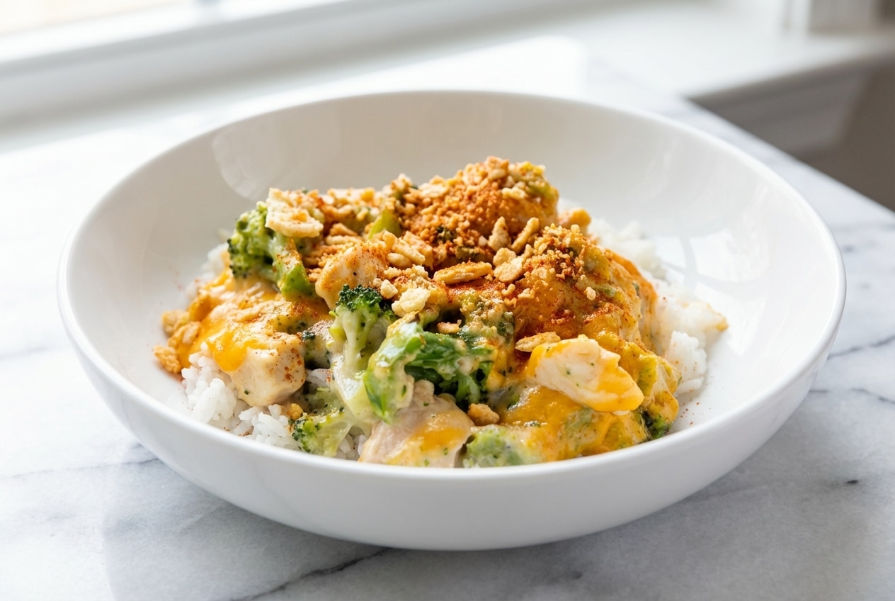 Creamy chicken divan recipe topped with a golden smoked paprika and Ritz cracker crunch in a ceramic baking dish.