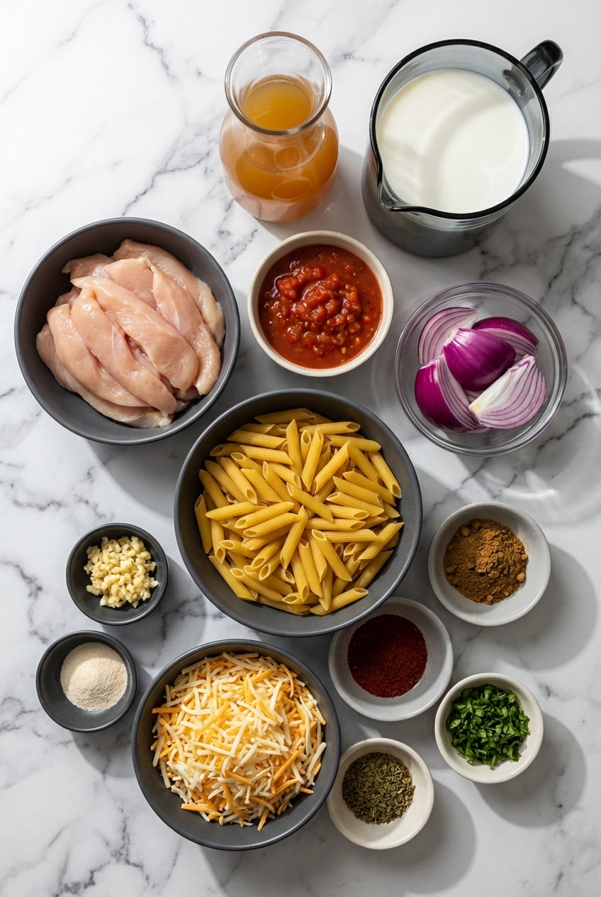 Raw penne pasta, chicken breast, bell peppers, Mexican oregano, and cumin for chicken fajita pasta preparation.