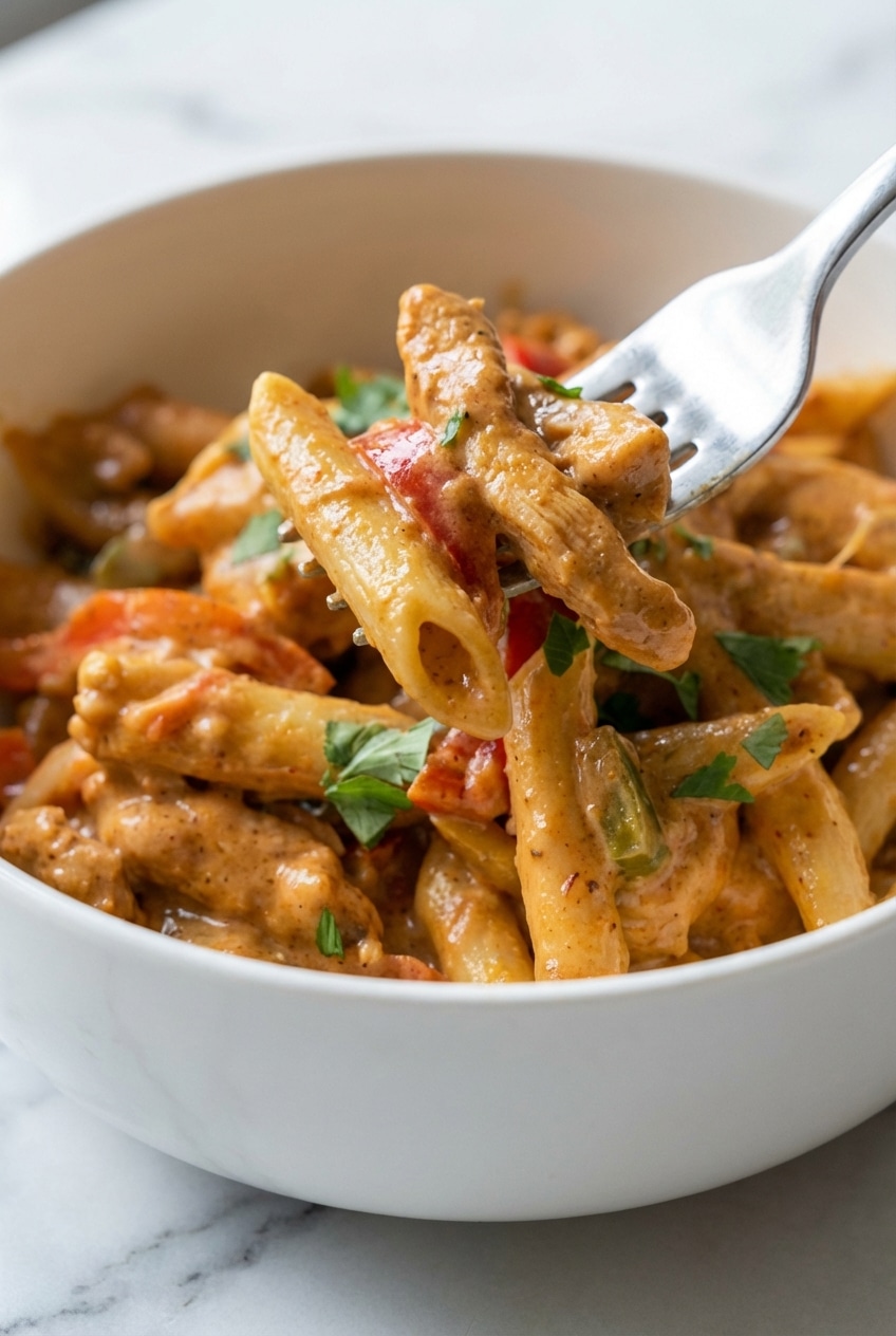 Silky sauce chicken fajita pasta close up showing the smooth cream cheese emulsification on al dente penne.