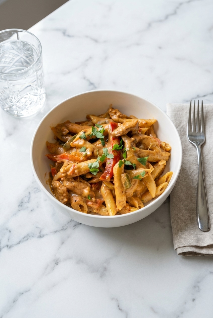 Family-style chicken fajita pasta served in a cast iron skillet for a cozy and inviting weeknight dinner.
