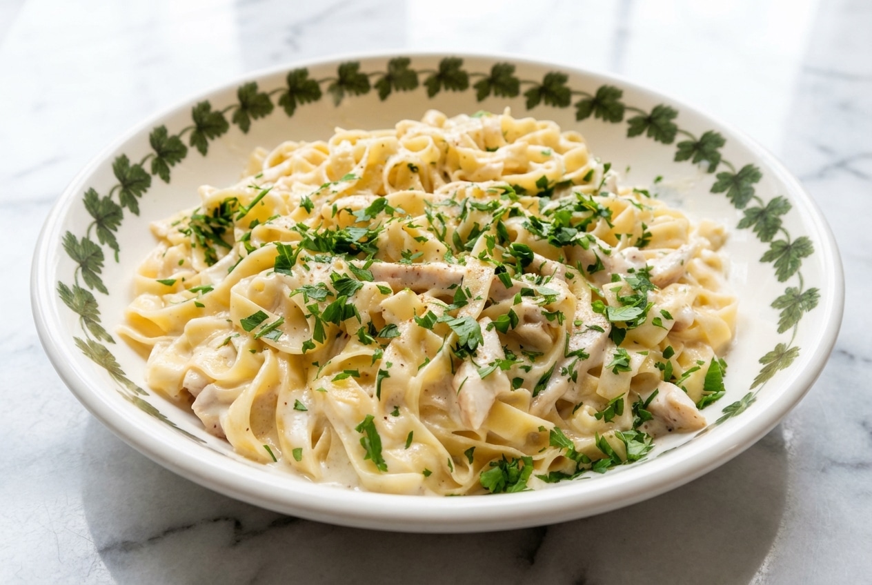 Creamy chicken fettuccine alfredo with a nutmeg infusion and glossy pasta water emulsion in a skillet.