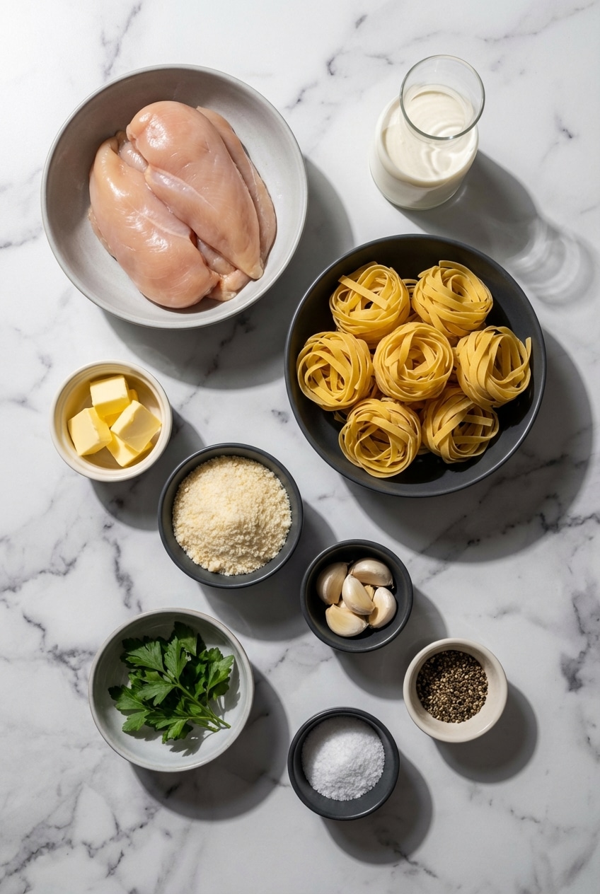 Flat lay of chicken fettuccine alfredo ingredients including fettuccine pasta, parmigiano reggiano, and garlic cloves.