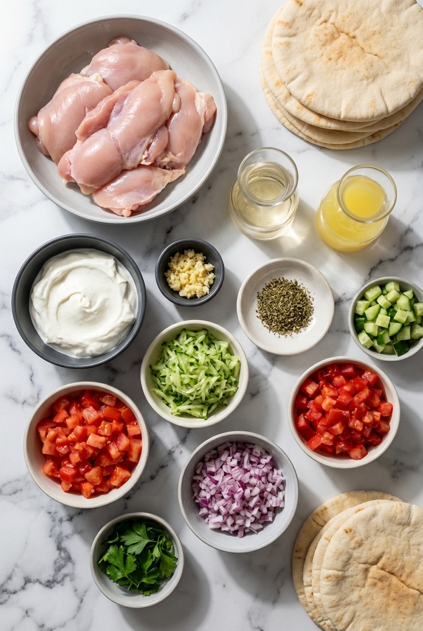 Fresh chicken gyros ingredients including pita bread, Greek yogurt, extra virgin olive oil, and dried oregano.