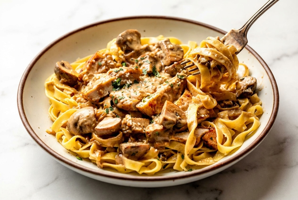 Creamy chicken marsala pasta finished with a cold butter mount and sherry for a glossy, velvet-textured sauce.