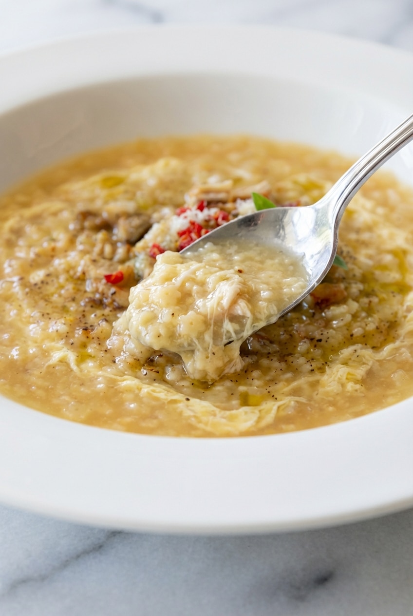 Whisking the egg and cheese mixture into hot Chicken Pastina Soup for a silky emulsification.