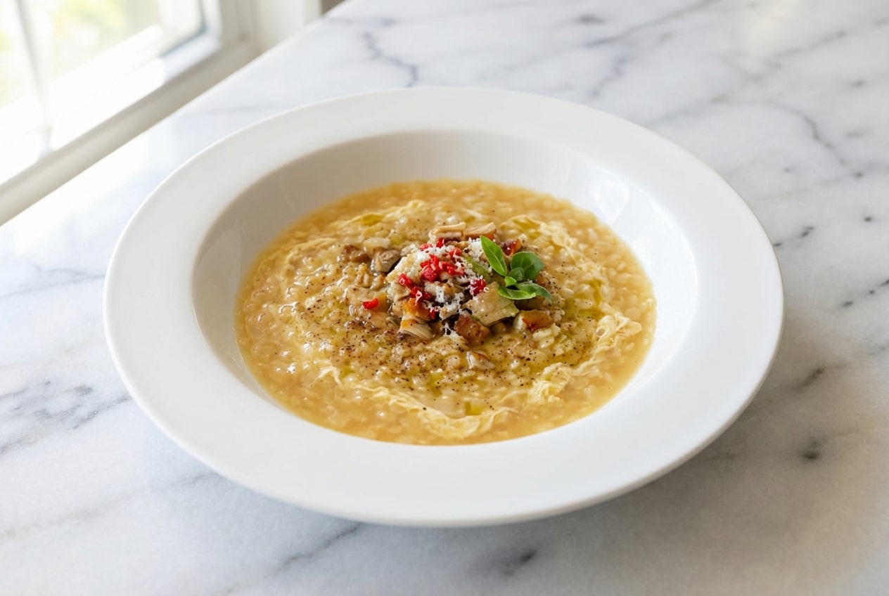 Bowl of Chicken Pastina Soup with a silky egg-parmesan temper and fresh herbs.