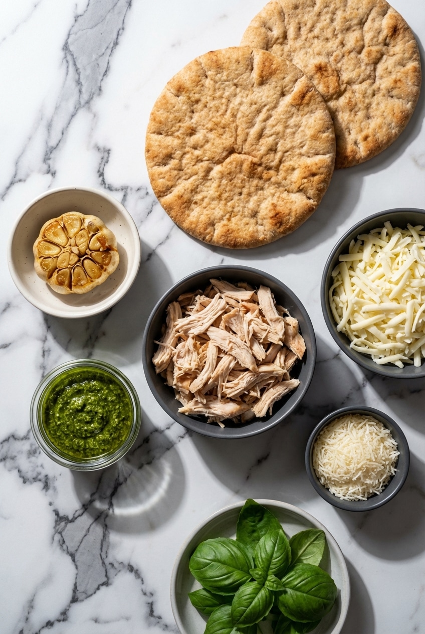 Flat lay of naan bread, basil pesto, rotisserie chicken, mozzarella cheese, and balsamic glaze for chicken pesto flatbread.