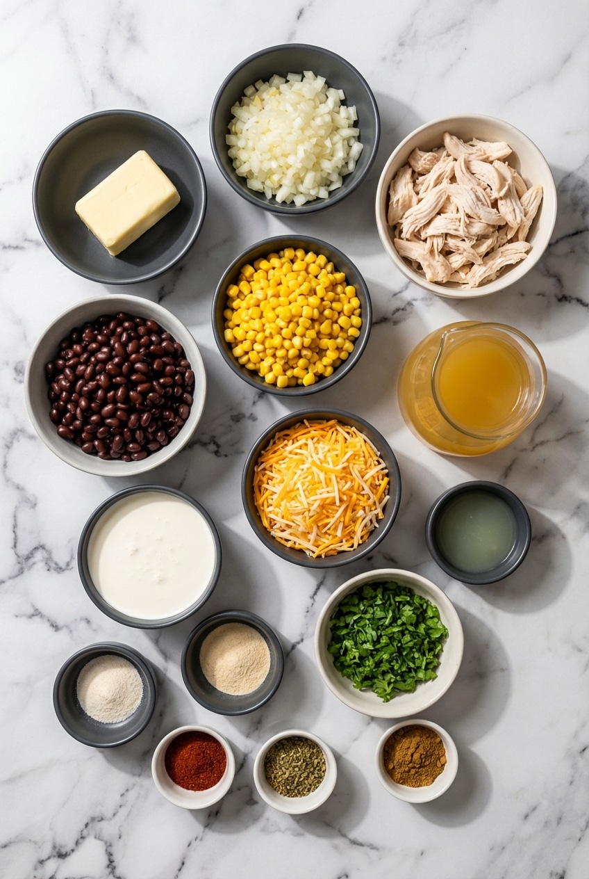 Raw ingredients for chicken poblano soup including poblano peppers, black beans, and rotisserie chicken.