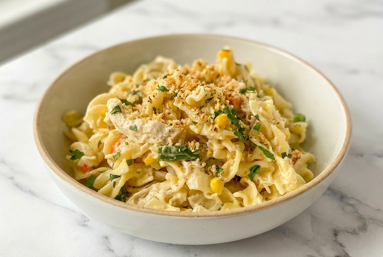 Creamy chicken pot pie pasta recipe served in a bowl, generously topped with toasted buttery herb-panko breadcrumbs.