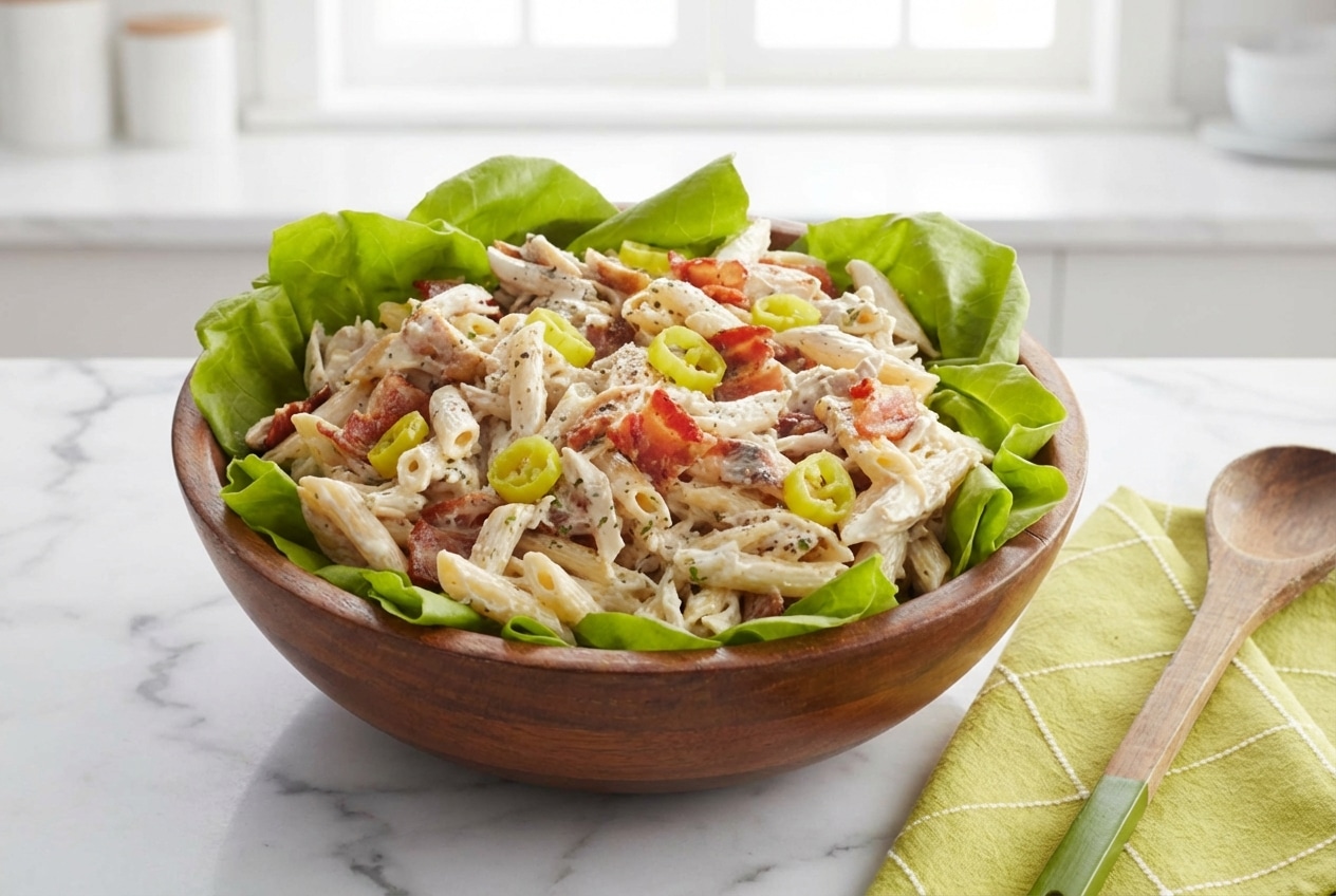 Creamy chicken ranch pasta salad with crispy bacon and rotini, brightened by a secret splash of pepperoncini brine.