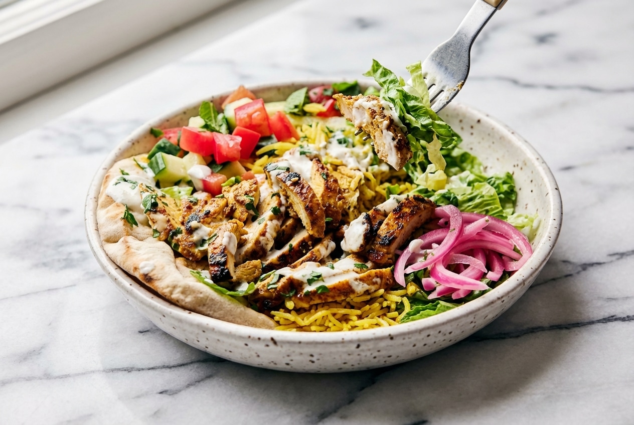 Golden chicken shawarma bowl featuring spiced chicken thighs served over yellow turmeric rice and drizzled with the street cart style white sauce twist