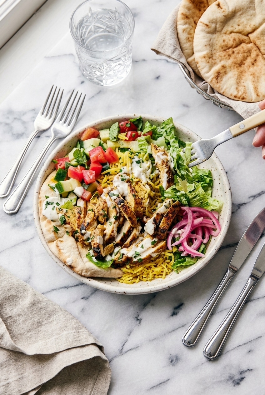 Chicken shawarma bowl portioned into a container for meal prep with turmeric rice and extra white sauce