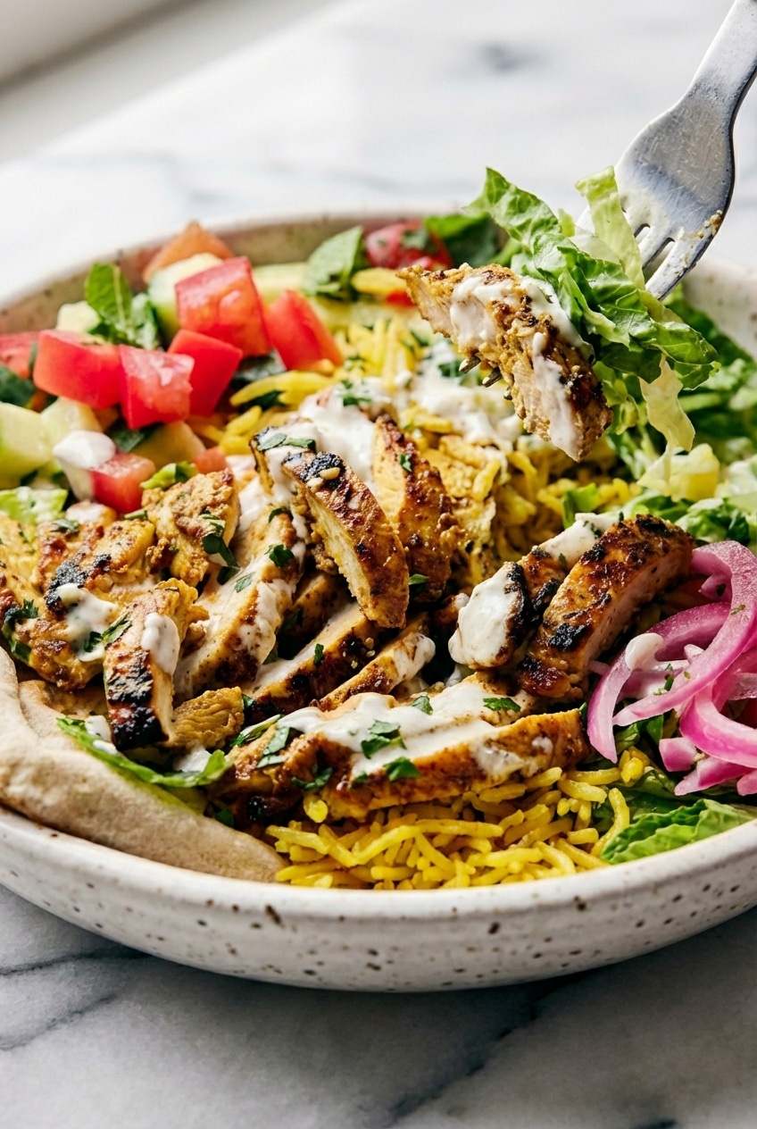 Close up view of charred chicken pieces in a chicken shawarma bowl coated in savory spices and creamy sauce