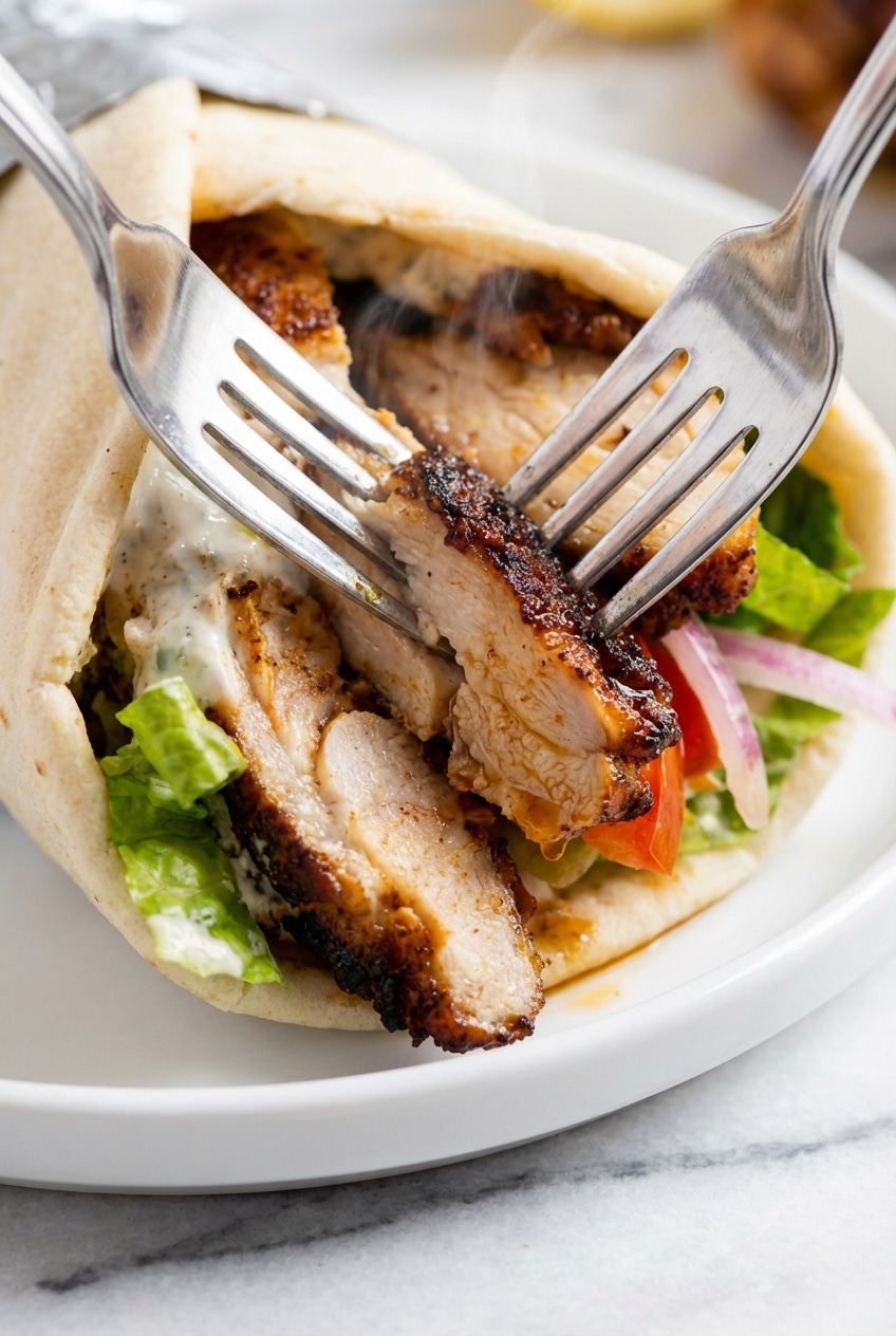 Close up of pan-seared meat bits showing the Maillard reaction essential for this chicken shawarma recipe