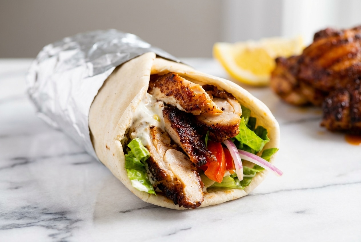 Golden brown chicken shawarma recipe piled high highlighting crispy edges from the post-slice sear technique