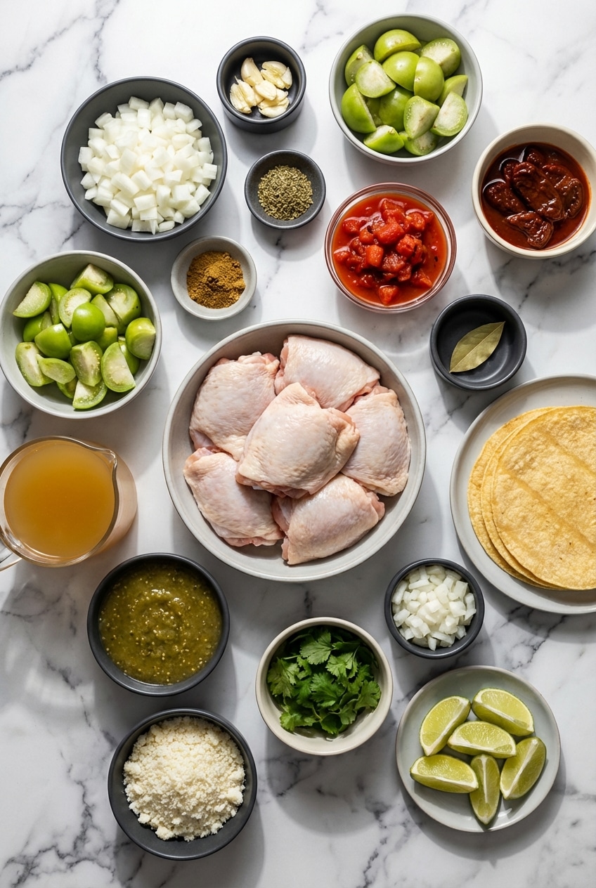 Ingredients for Chicken Tinga Tacos including chipotle in adobo, fire-roasted tomatoes, tomatillos, and Mexican oregano.