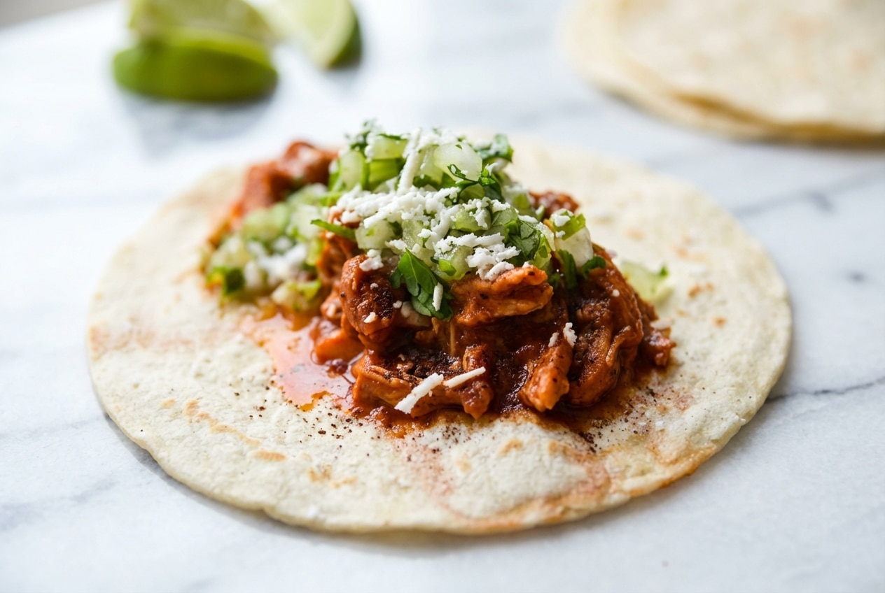 Shredded Chicken Tinga Tacos with a deep mahogany sauce using the dark cocoa depth hack for savory complexity.
