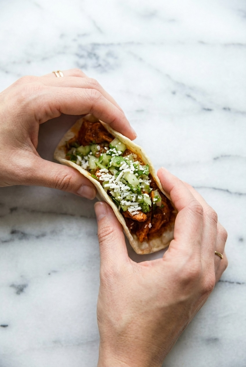 Finished Chicken Tinga Tacos topped with white cotija cheese and served on charred corn tortillas.