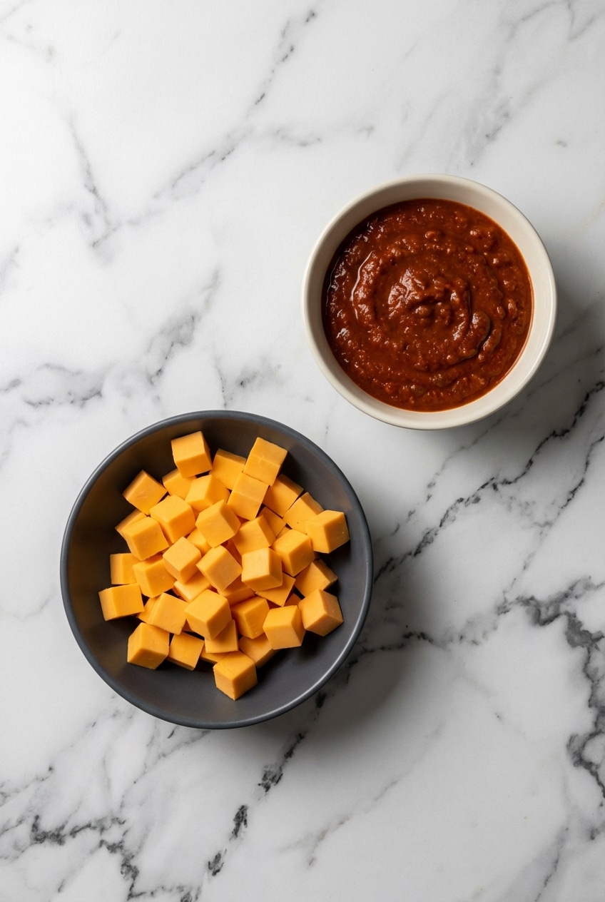 Flat lay of chili cheese dip ingredients including Velveeta, Hormel chili, cream cheese, and fresh jalapeños.