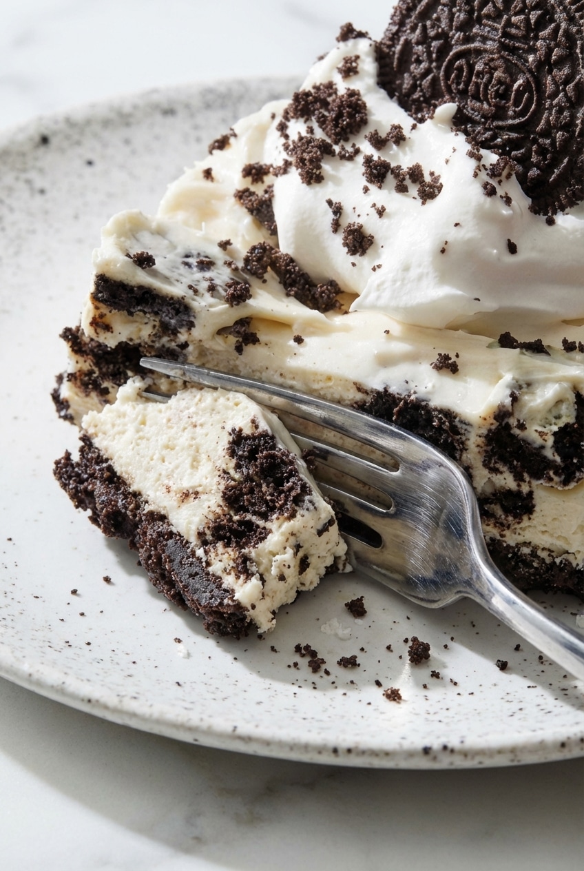 A slice of No Bake Oreo Cheesecake on a dessert plate showing the thick, smooth texture.