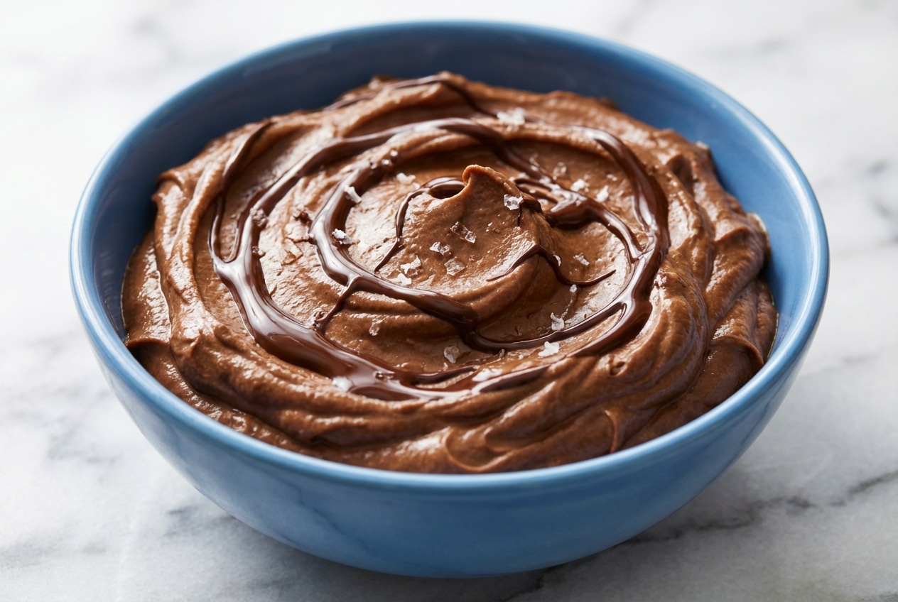 Creamy Chocolate Avocado Pudding topped with a swirl of melted 70% dark chocolate and flaky sea salt.