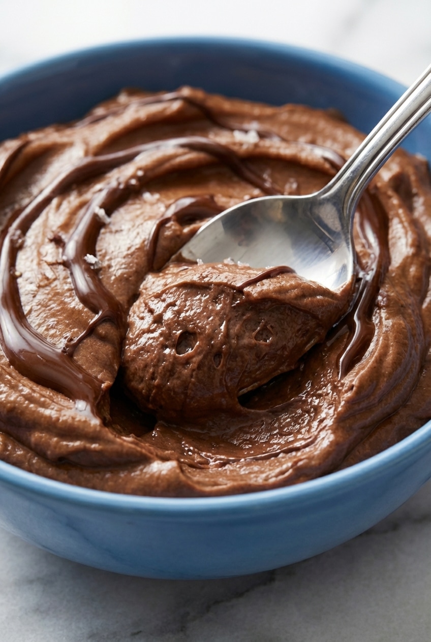 Ultra-smooth, glossy texture of Chocolate Avocado Pudding inside a food processor bowl.