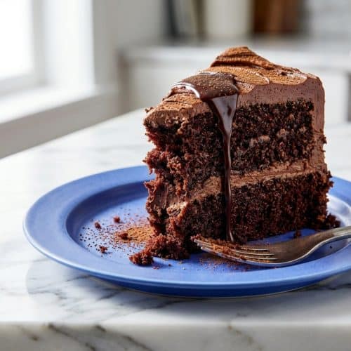 Dark and moist chocolate cake recipe on a stand, showcasing the rich texture achieved by the cocoa bloom method.