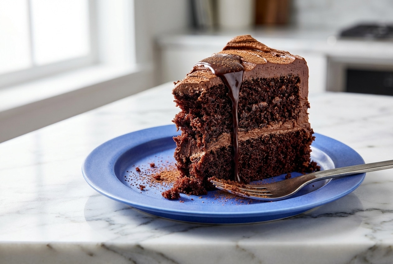 Dark and moist chocolate cake recipe on a stand, showcasing the rich texture achieved by the cocoa bloom method.