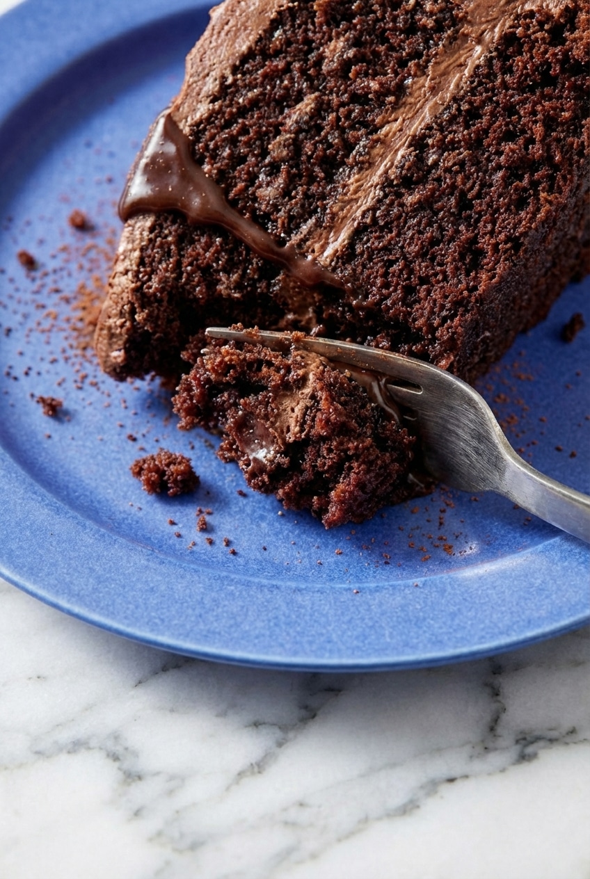 Close-up of the chocolate cake recipe crumb structure showing the tender, airy texture created by the baking soda reaction.