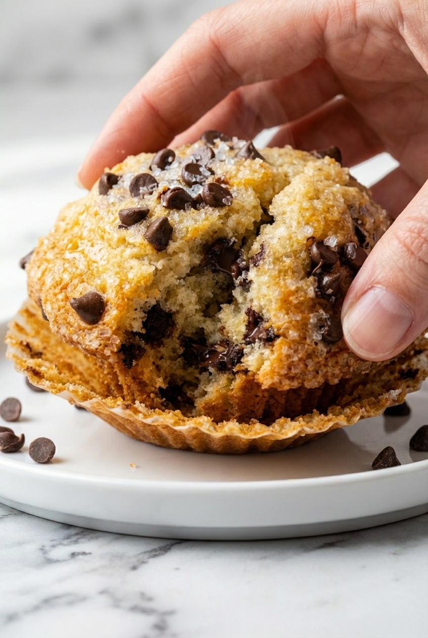 Close up of a bakery-style dome on chocolate chip muffins, sprinkled with sparkling sanding sugar.