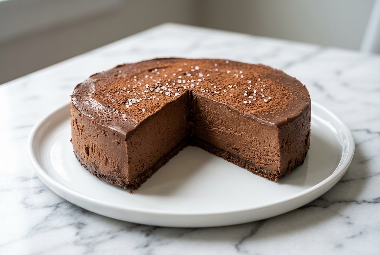 Velvety chocolate mousse cheesecake topped with a dark espresso-salted cocoa bloom glaze.