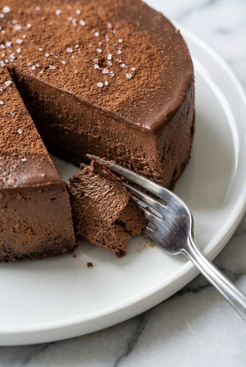 A perfectly set chocolate mousse cheesecake resting in a springform pan after its water bath.