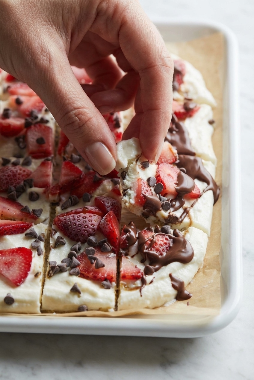 Close-up of the smooth, frozen surface of Chocolate Yogurt Bark highlighting the creamy almond butter infusion.