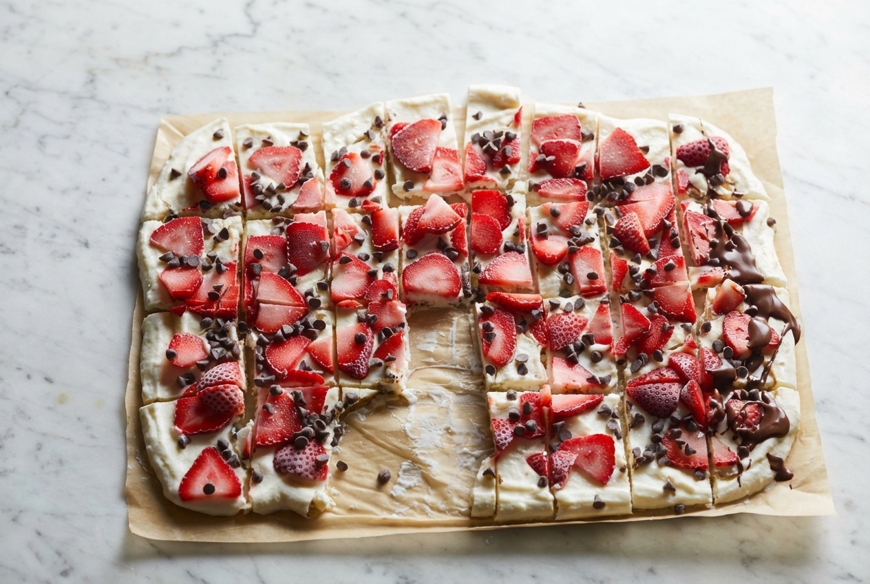 Slabs of Chocolate Yogurt Bark with an almond butter swirl and crackly chocolate magic shell drizzle.